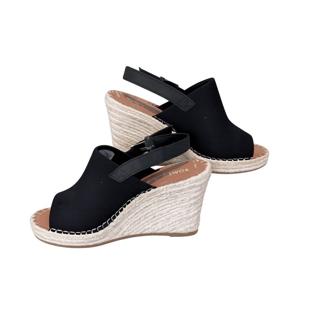 TOMS MONICA PEEP TOE CANVAS & LEATHER ESPADRILLE WEDGES SZ. 8.5